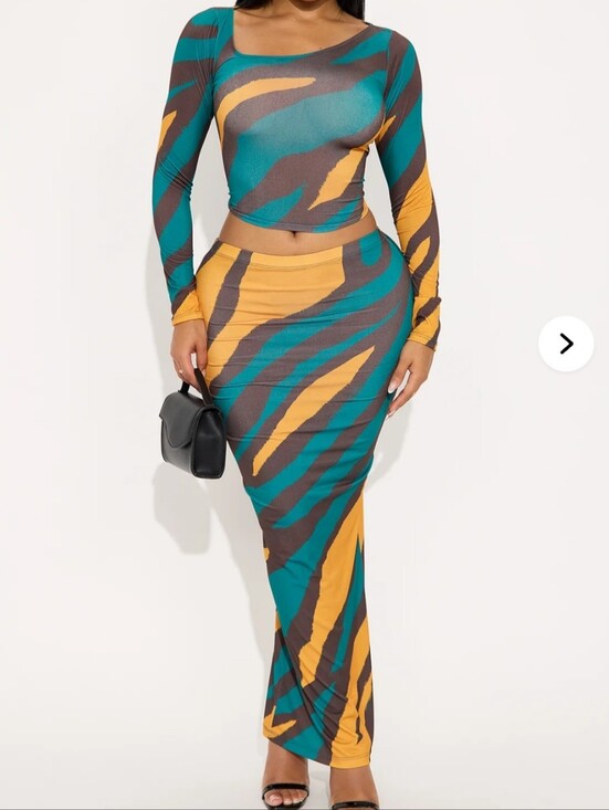 Fashion Nova Dresses & Skirts - Fashion Nova Teal, Mustard & Brown Abstract Print Maxi Skirt Set